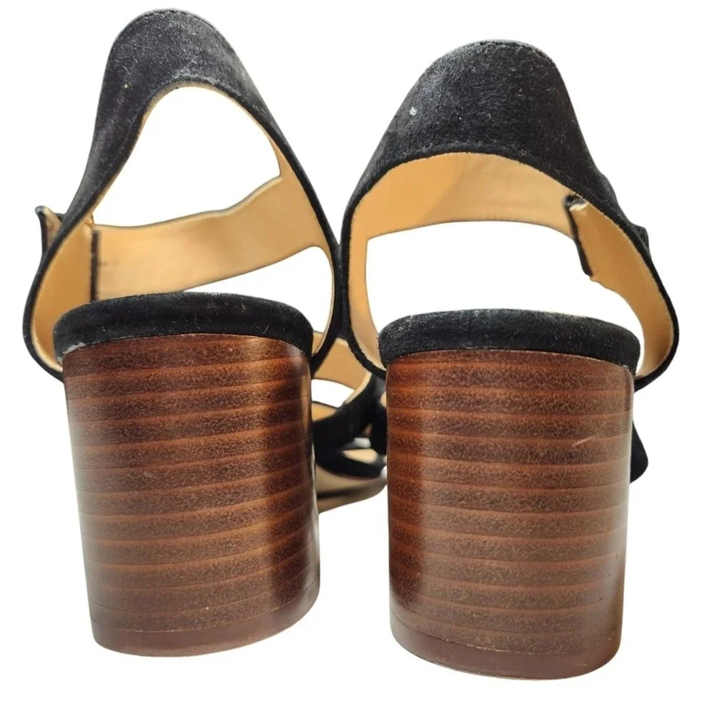 J Crew Three Strap‎ Suede Sandal Block Heel Black Ankle Strap Gold Buckle Prep 9